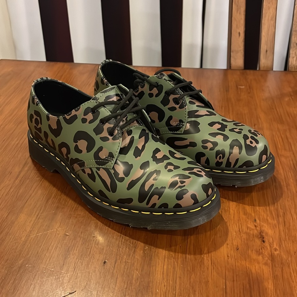 Dr. Martens 1461 Khaki Green Distorted Leopard Smooth Shoes Mens 10 / Women’s 11 - Picture 2 of 12